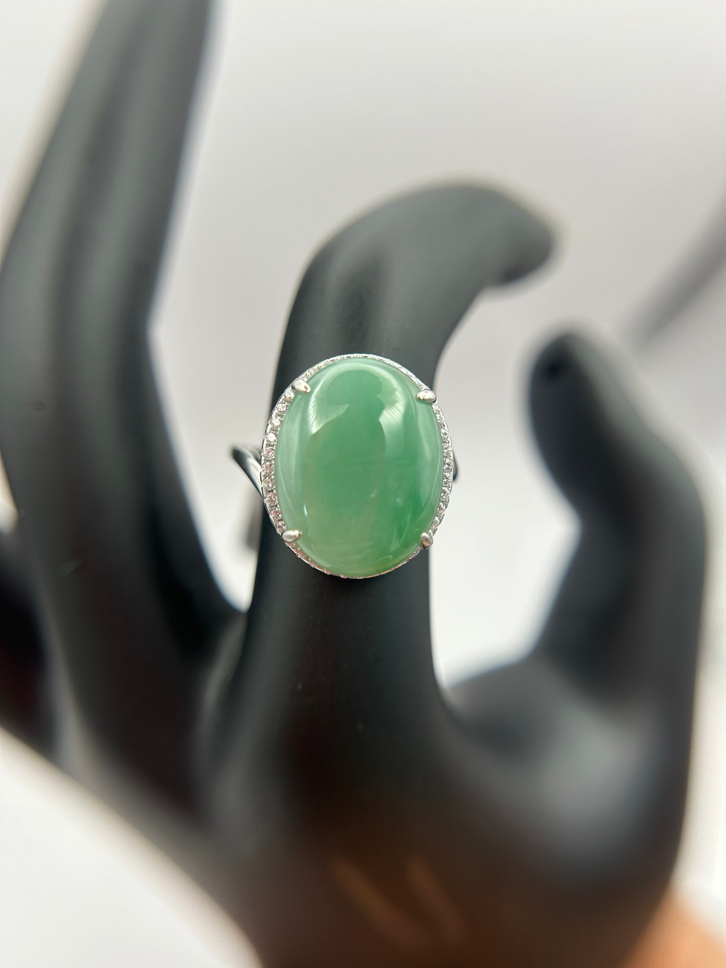 Natural grade A Burmese   Icy Green Jadeite cabochon with Cubic Zirconia Silver Ring