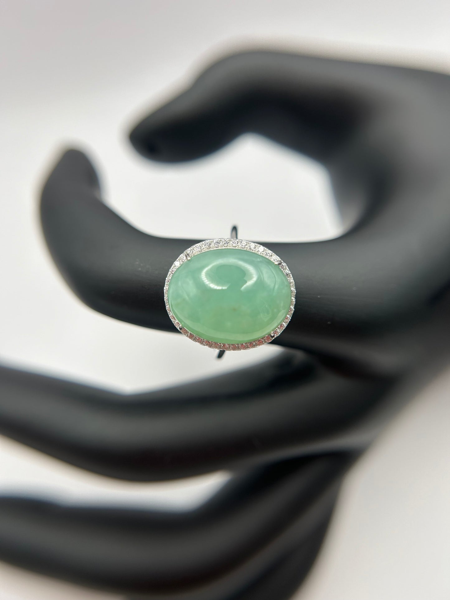 Natural grade A Burmese   Icy Green Jadeite cabochon with Cubic Zirconia Silver Ring