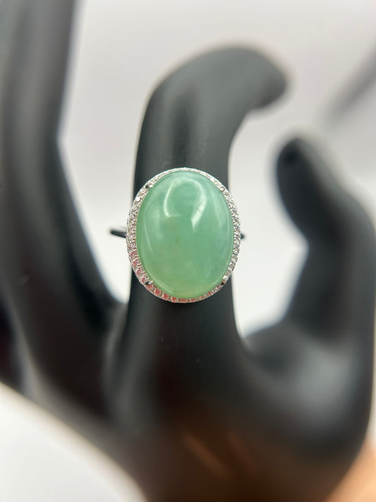 Natural grade A Burmese   Icy Green Jadeite cabochon with Cubic Zirconia Silver Ring