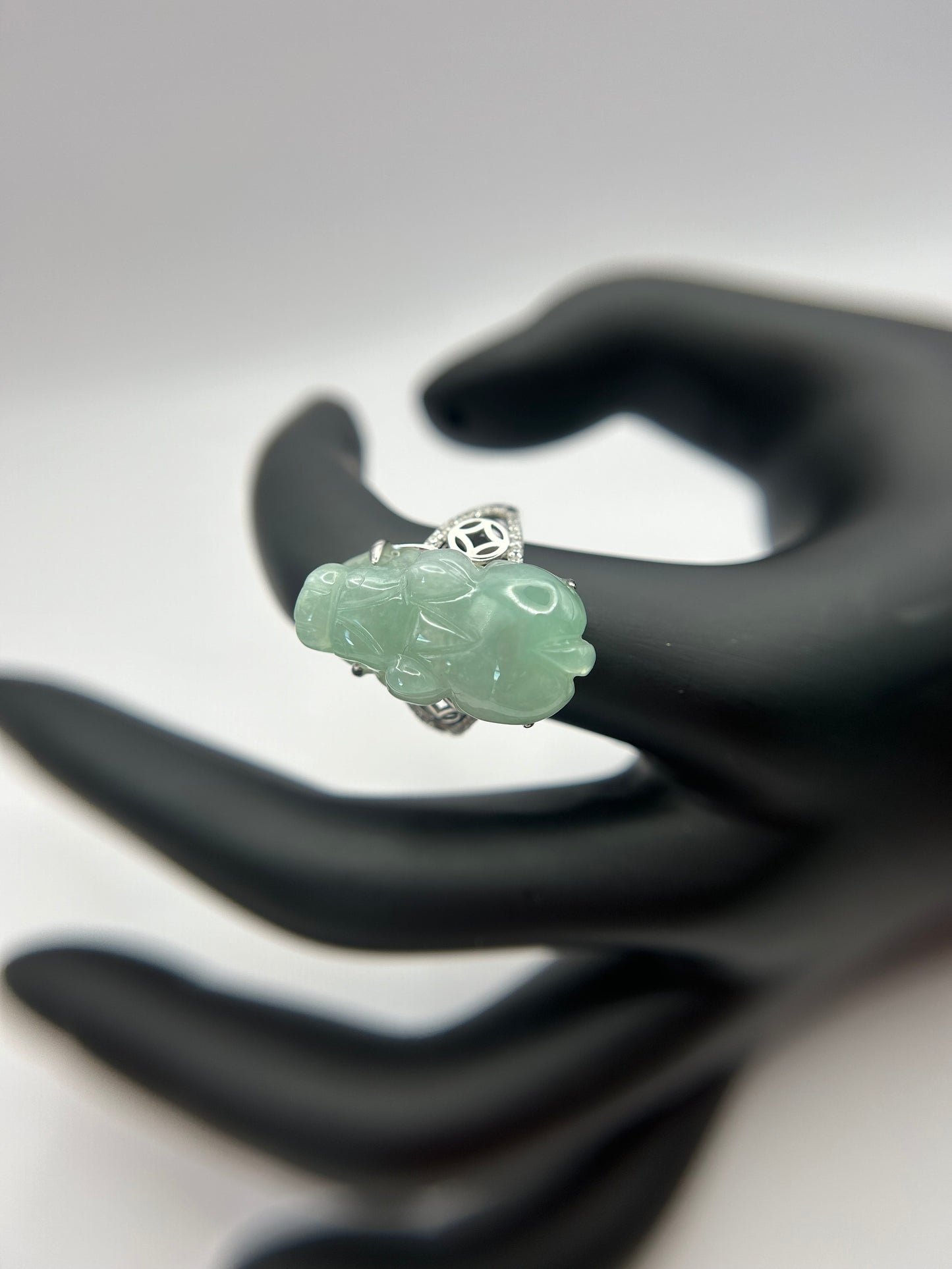 Natural grade A Burmese   Icy Green Jadeite PiXiu with Cubic Zirconia Silver Ring