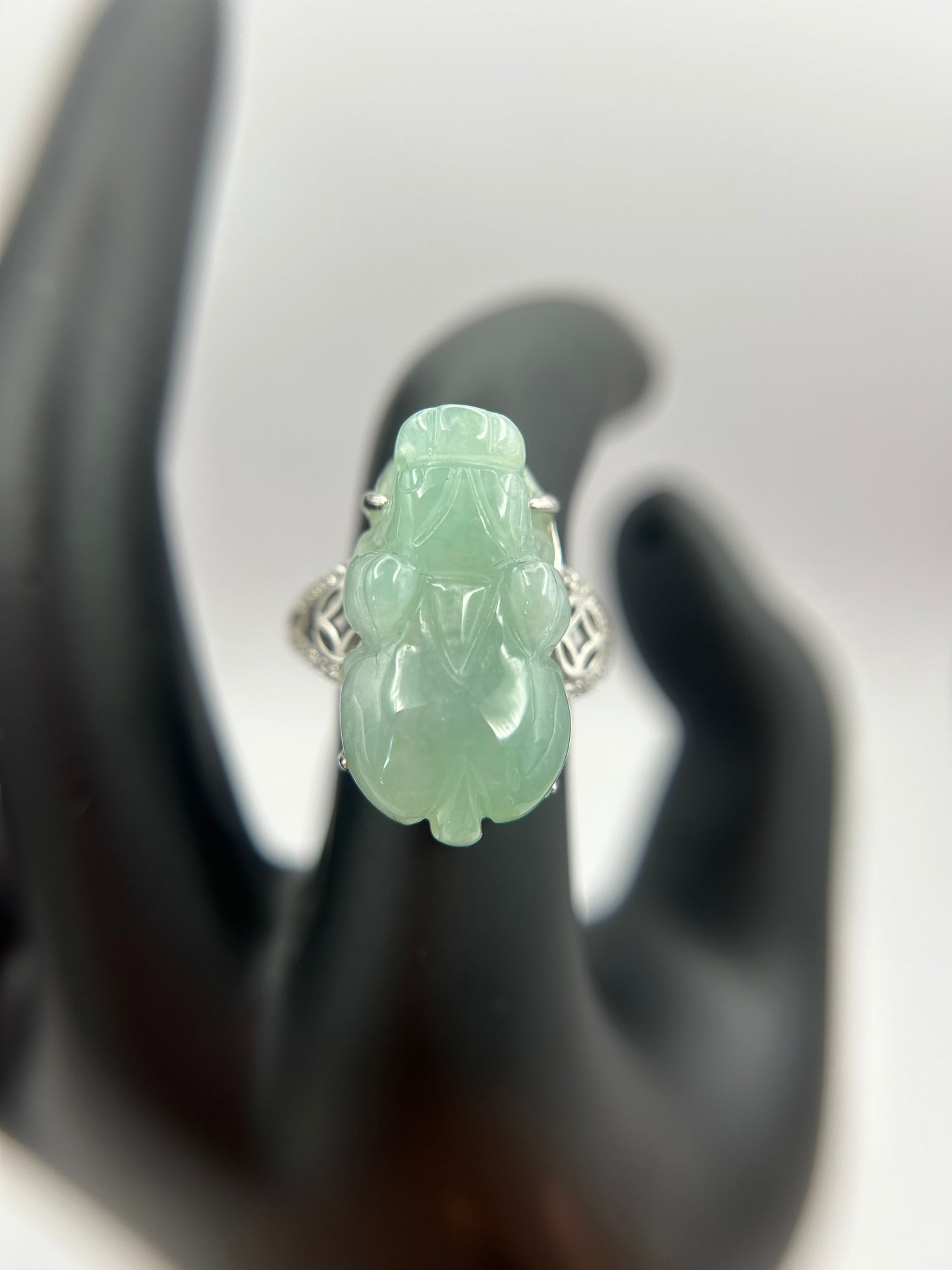 Natural grade A Burmese   Icy Green Jadeite PiXiu with Cubic Zirconia Silver Ring