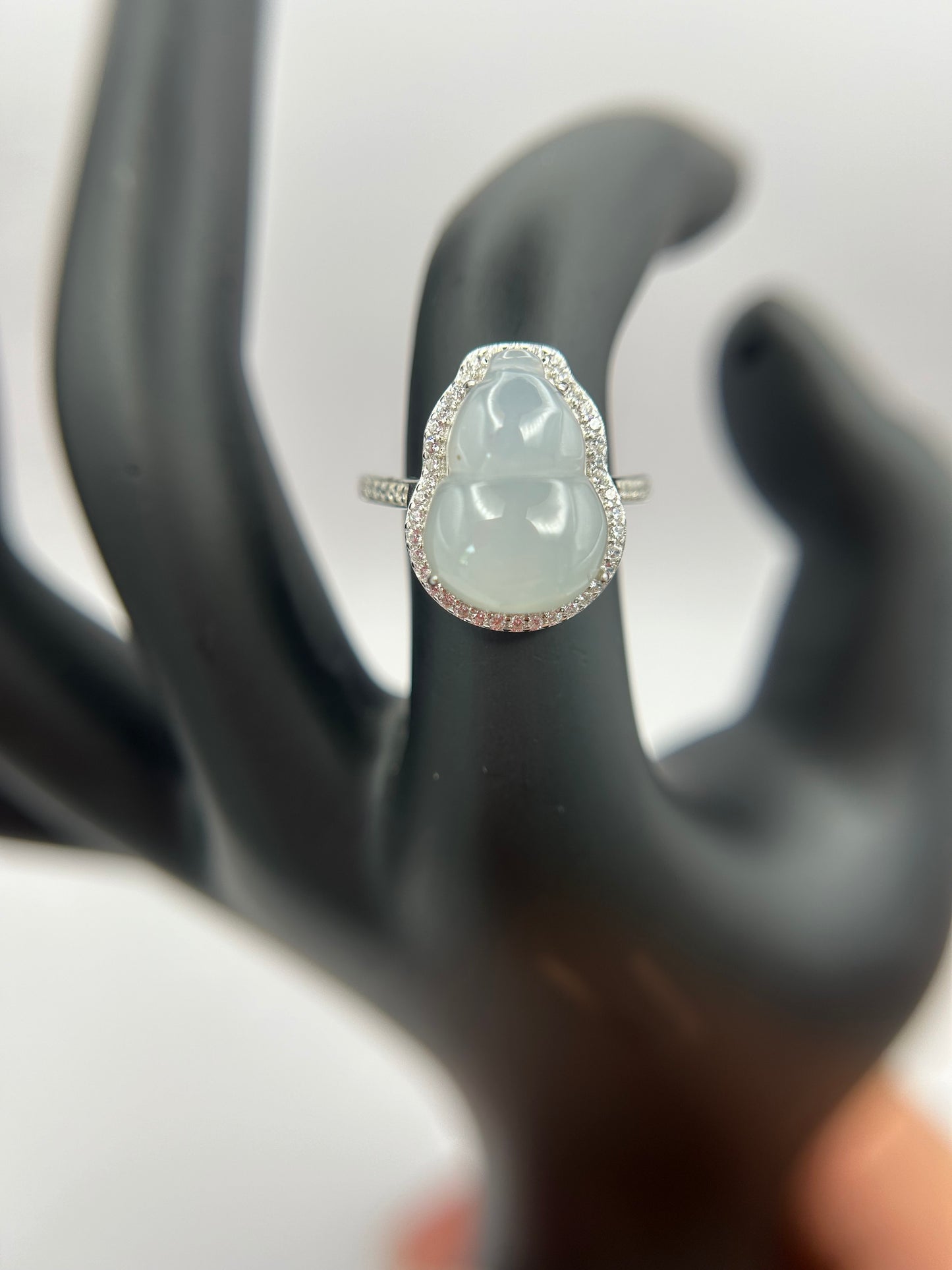 Natural grade A Burmese   Icy Guard Jadeite  with Cubic Zirconia Silver Ring