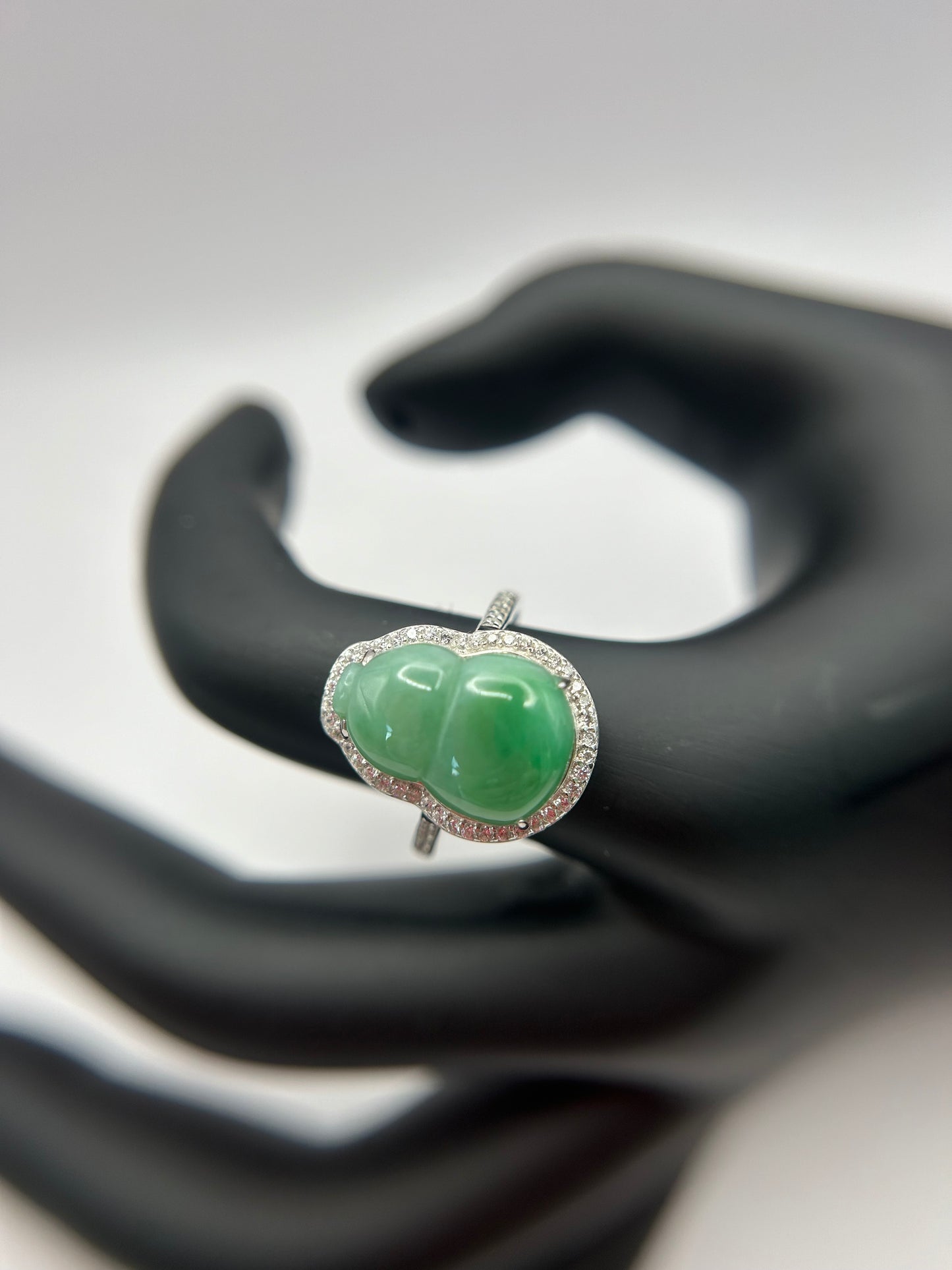 Natural grade A Burmese Green Guard Jadeite  with Cubic Zirconia Silver Ring