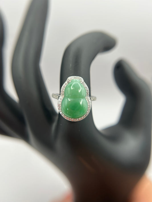 Natural grade A Burmese Green Guard Jadeite  with Cubic Zirconia Silver Ring