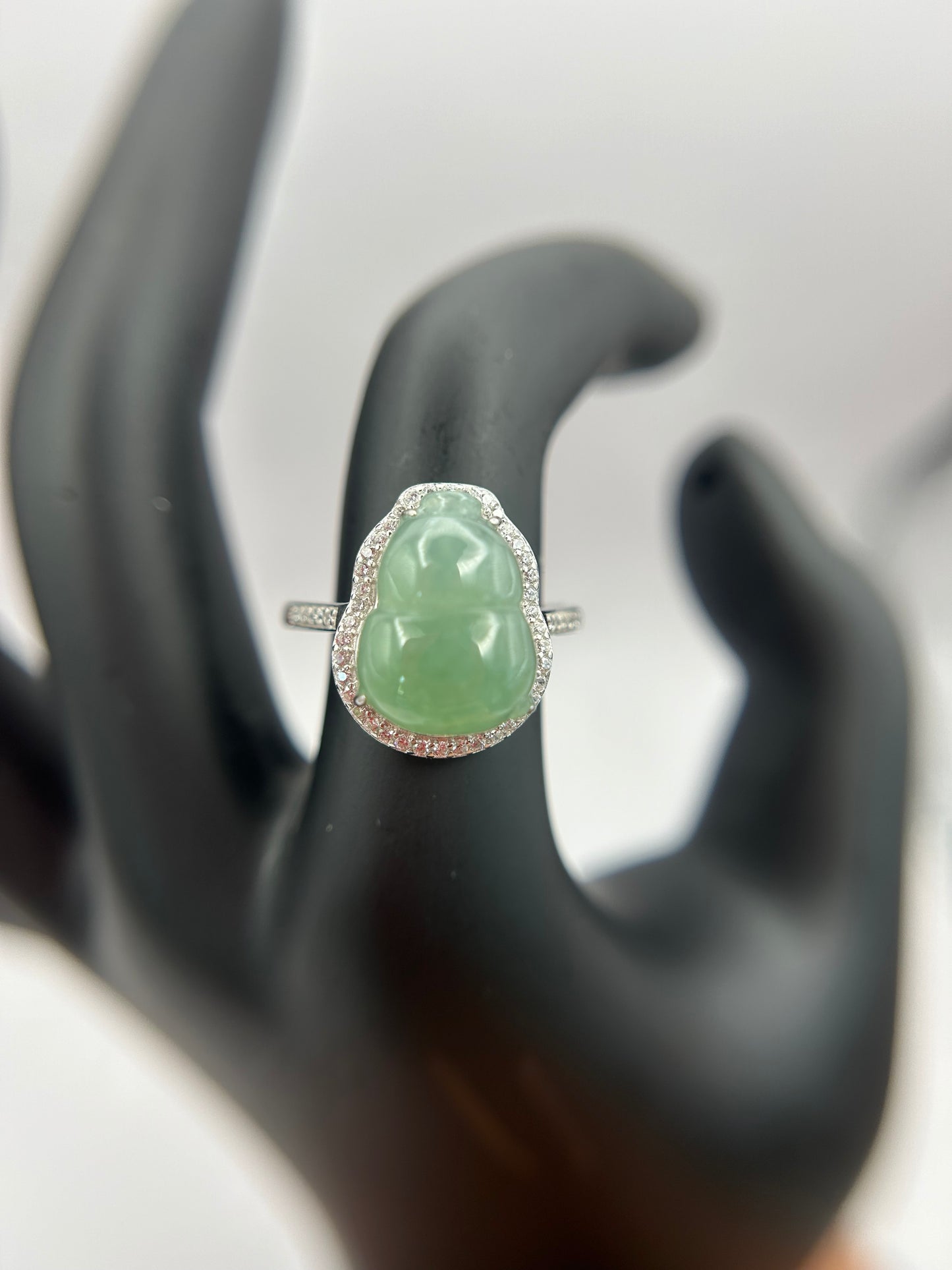 Natural grade A Burmese Green Guard Jadeite  with Cubic Zirconia Silver Ring