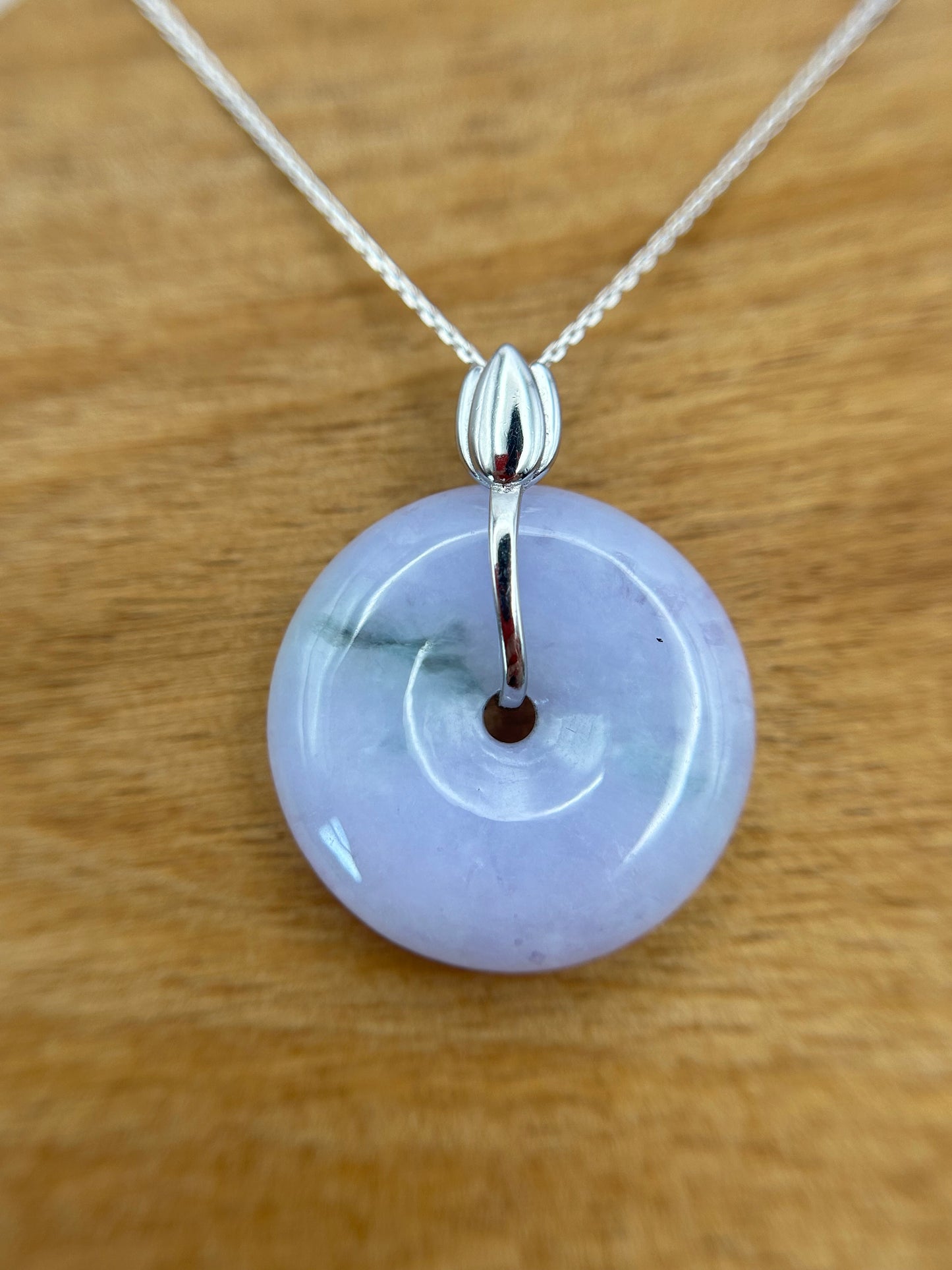 Grade A Natural lavender Jadeite Pi Disc ( peng on kou, donut) pendant with sterling silver  Fok  bail