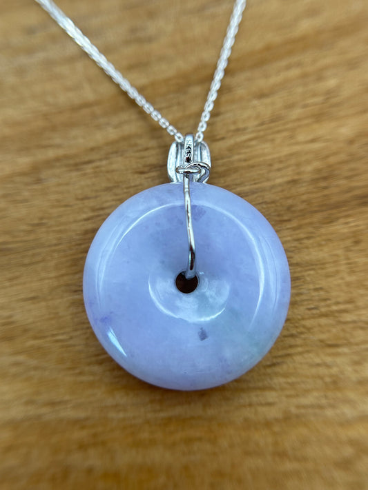 Grade A Natural lavender Jadeite Pi Disc ( peng on kou, donut) pendant with sterling silver  Fok  bail