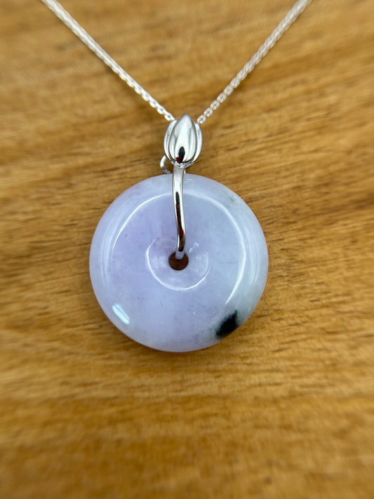 Grade A Natural lavender Jadeite Pi Disc ( peng on kou, donut) pendant with sterling silver  necklace