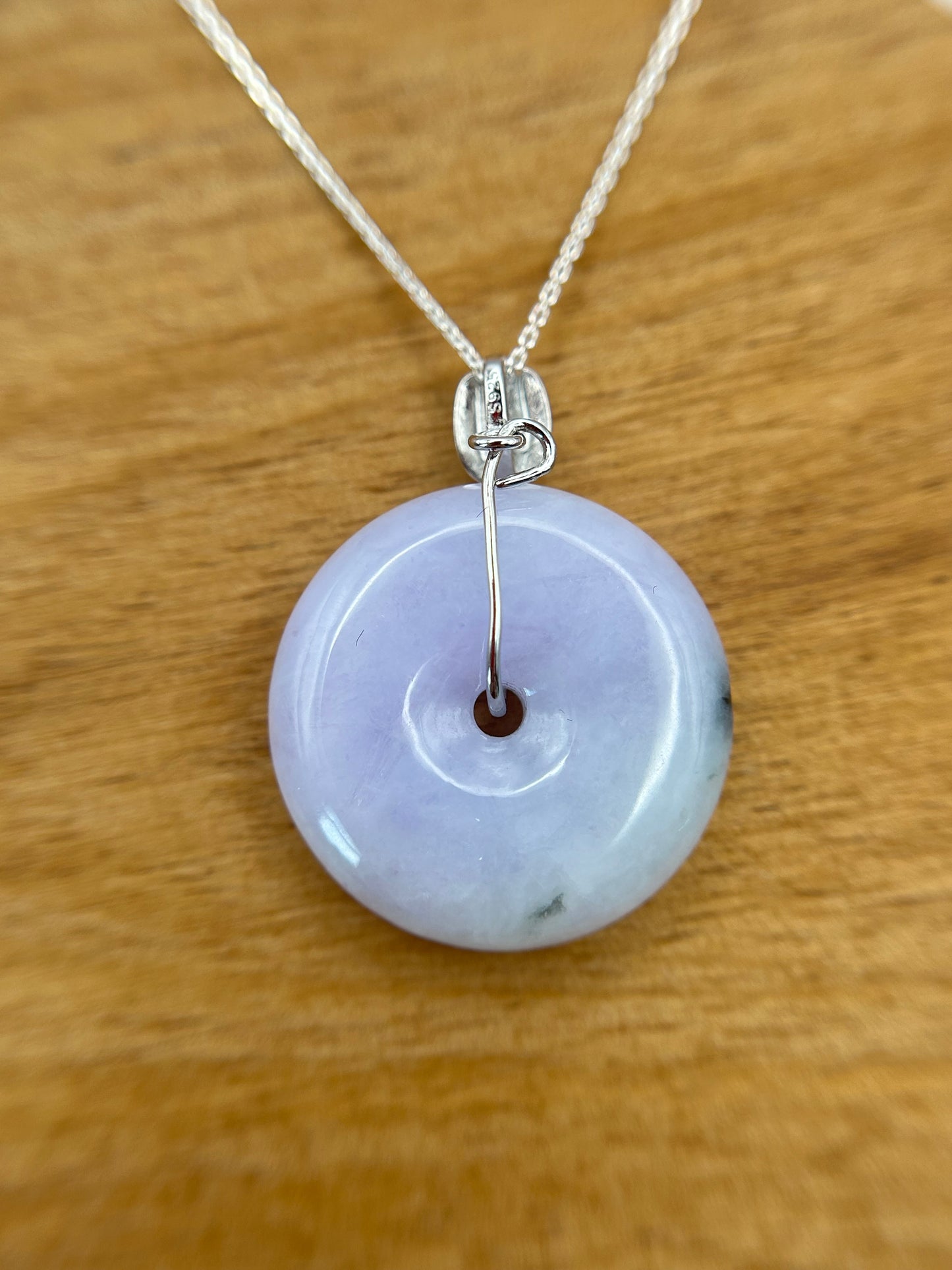 Grade A Natural lavender Jadeite Pi Disc ( peng on kou, donut) pendant with sterling silver  necklace