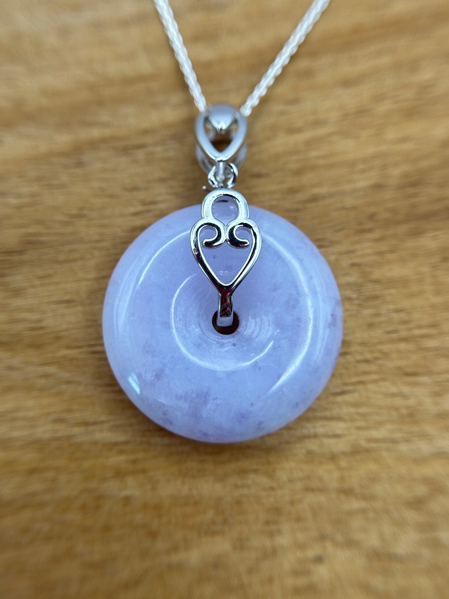 Grade A Natural lavender Jadeite Pi Disc ( peng on kou, donut) pendant with sterling silver  necklace