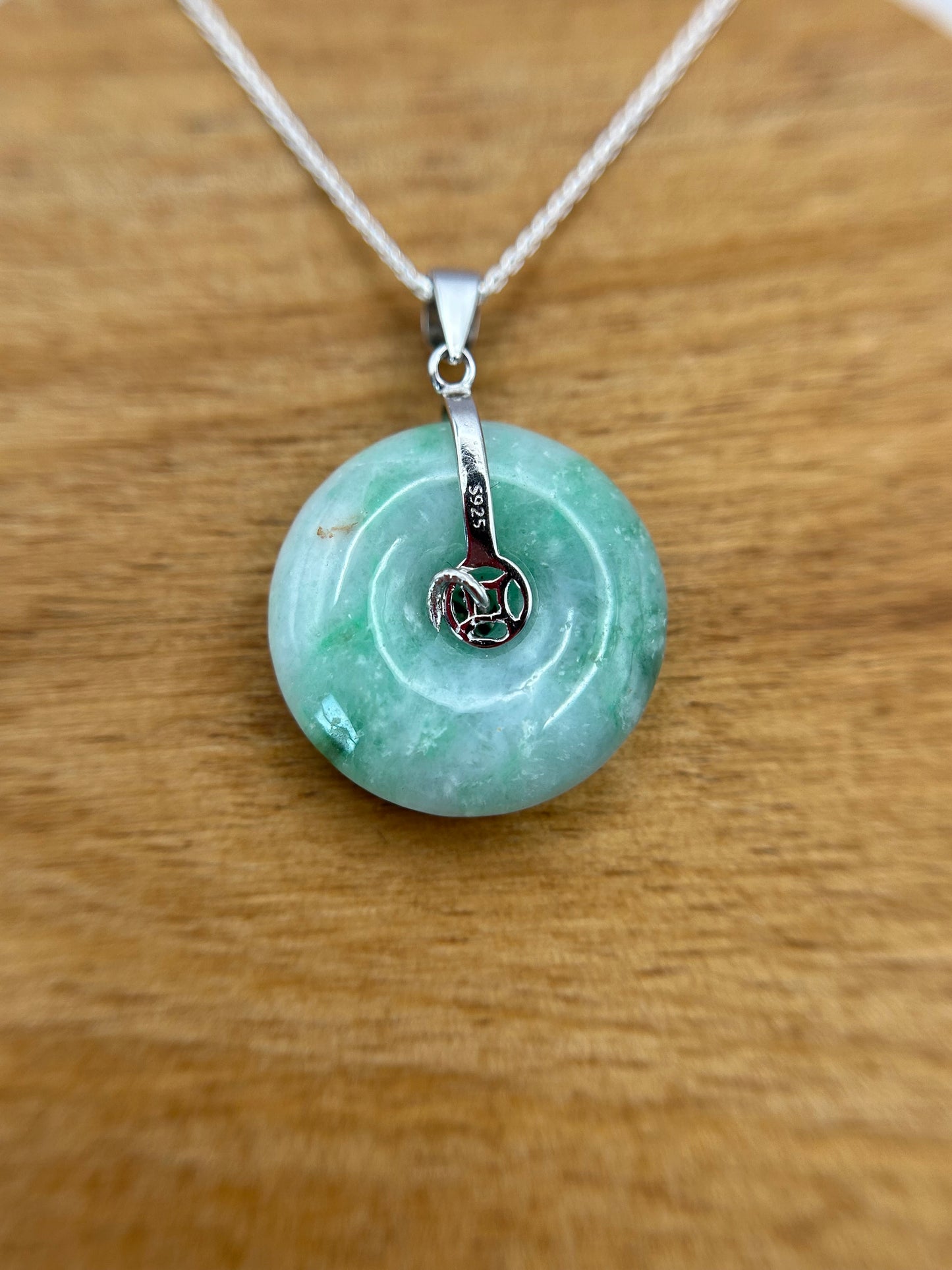 Grade A Natural  green Jadeite Pi Disc pendant silver necklace