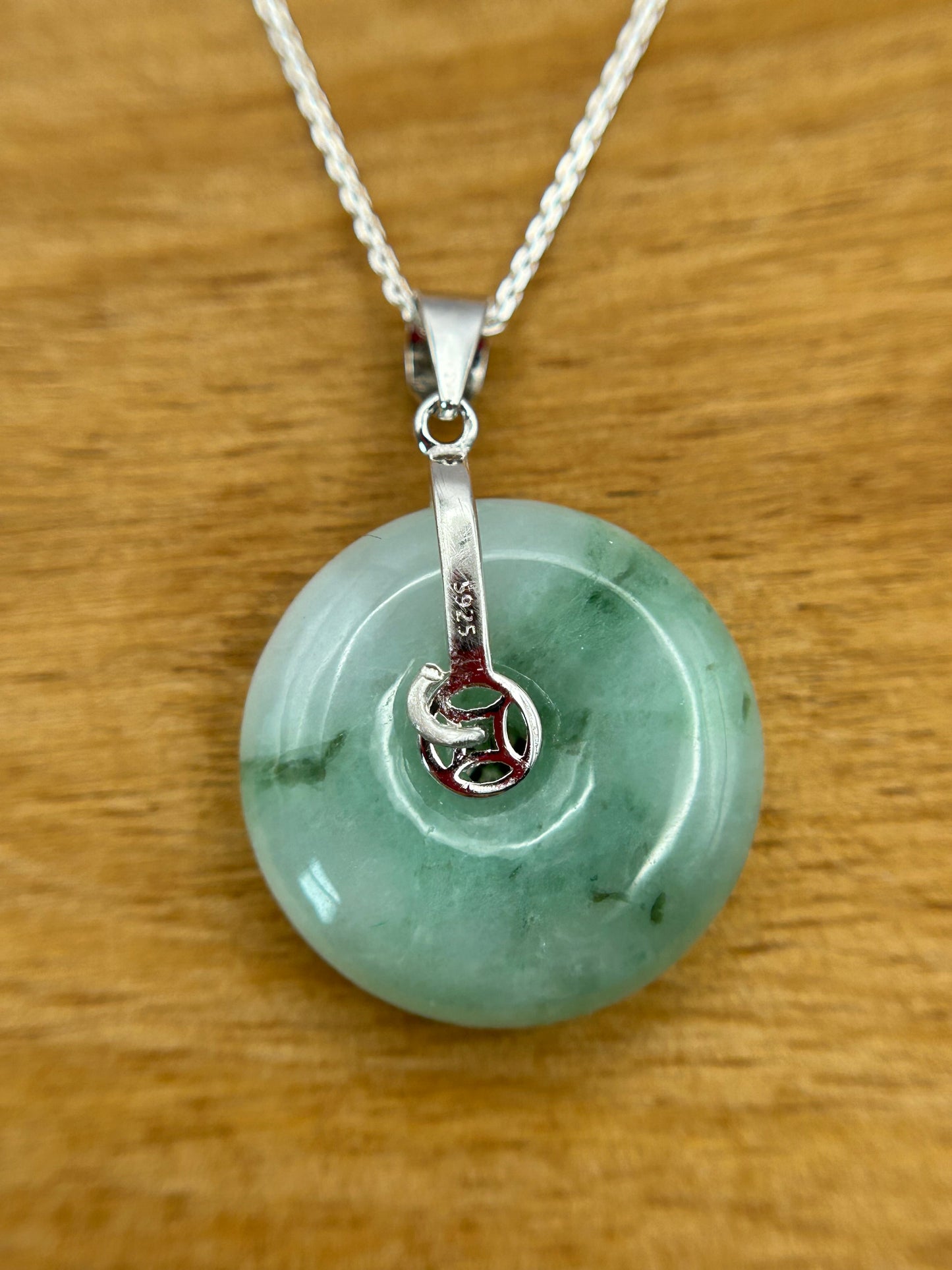 Grade A Natural  green Jadeite Pi Disc pendant silver necklace