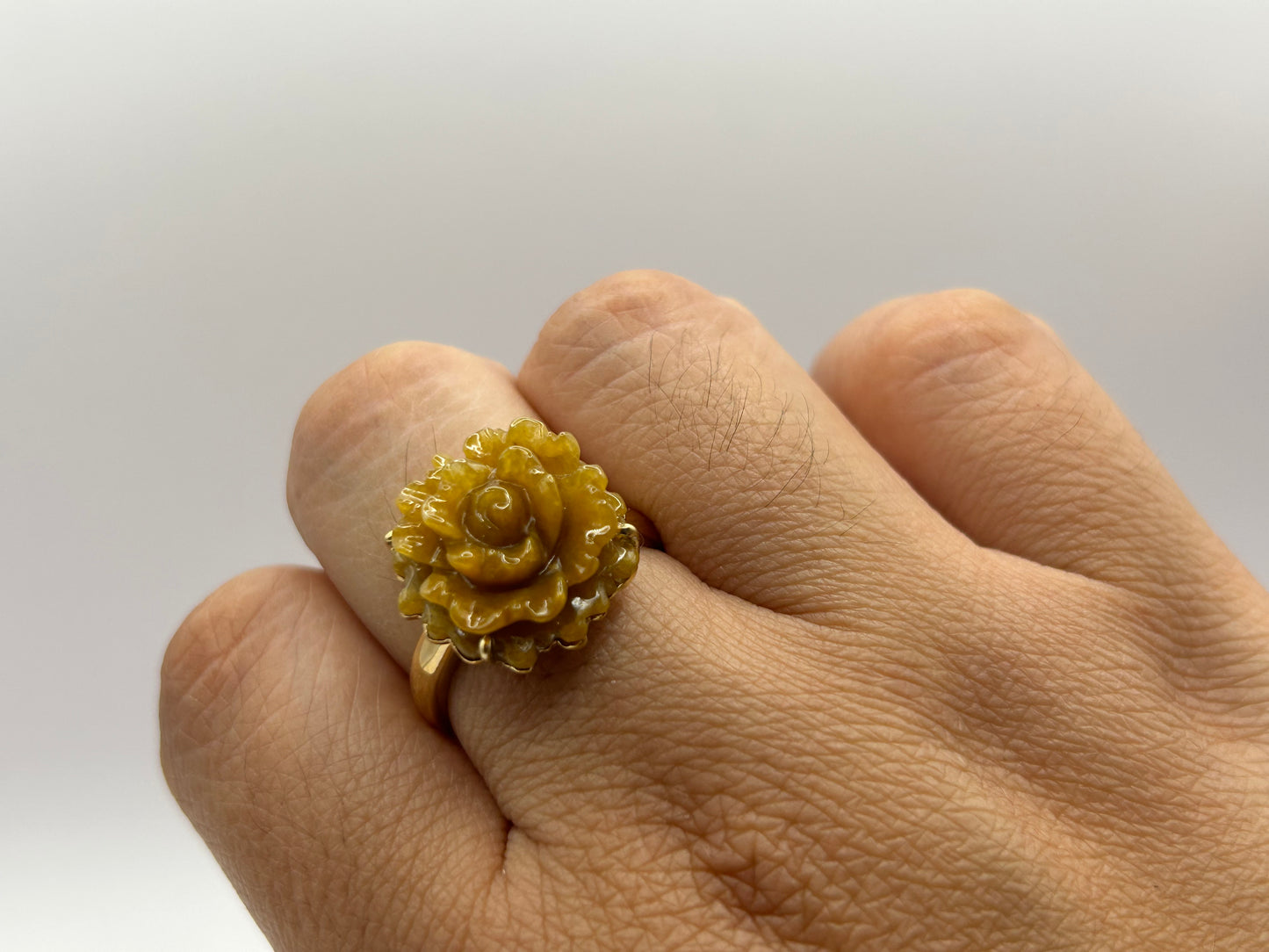 Natural grade A Burme  yellow Flower Jadeite 14K Yellow Gold Ring