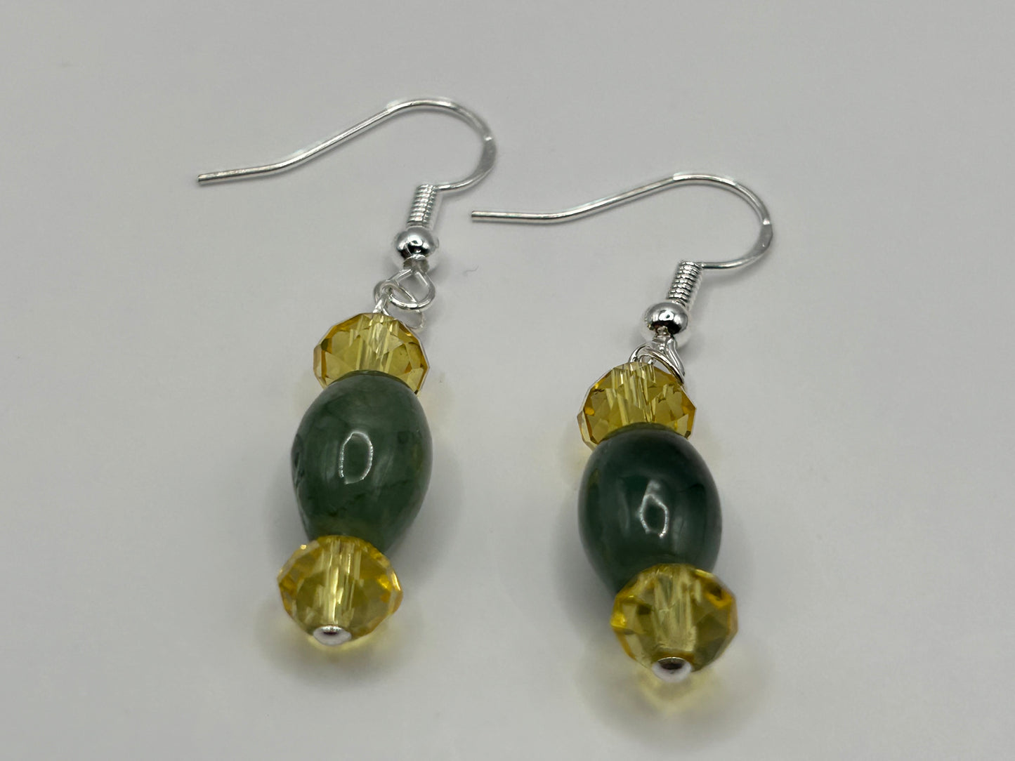 Natural Grade A  Yellow Crystal and Green Burmese Jadeite bead  925 silver earring