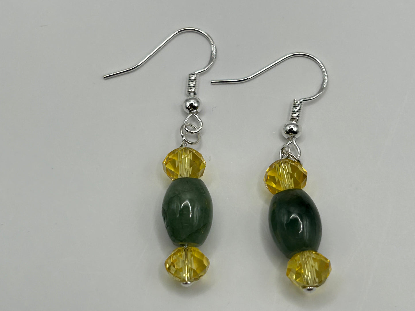 Natural Grade A  Yellow Crystal and Green Burmese Jadeite bead  925 silver earring