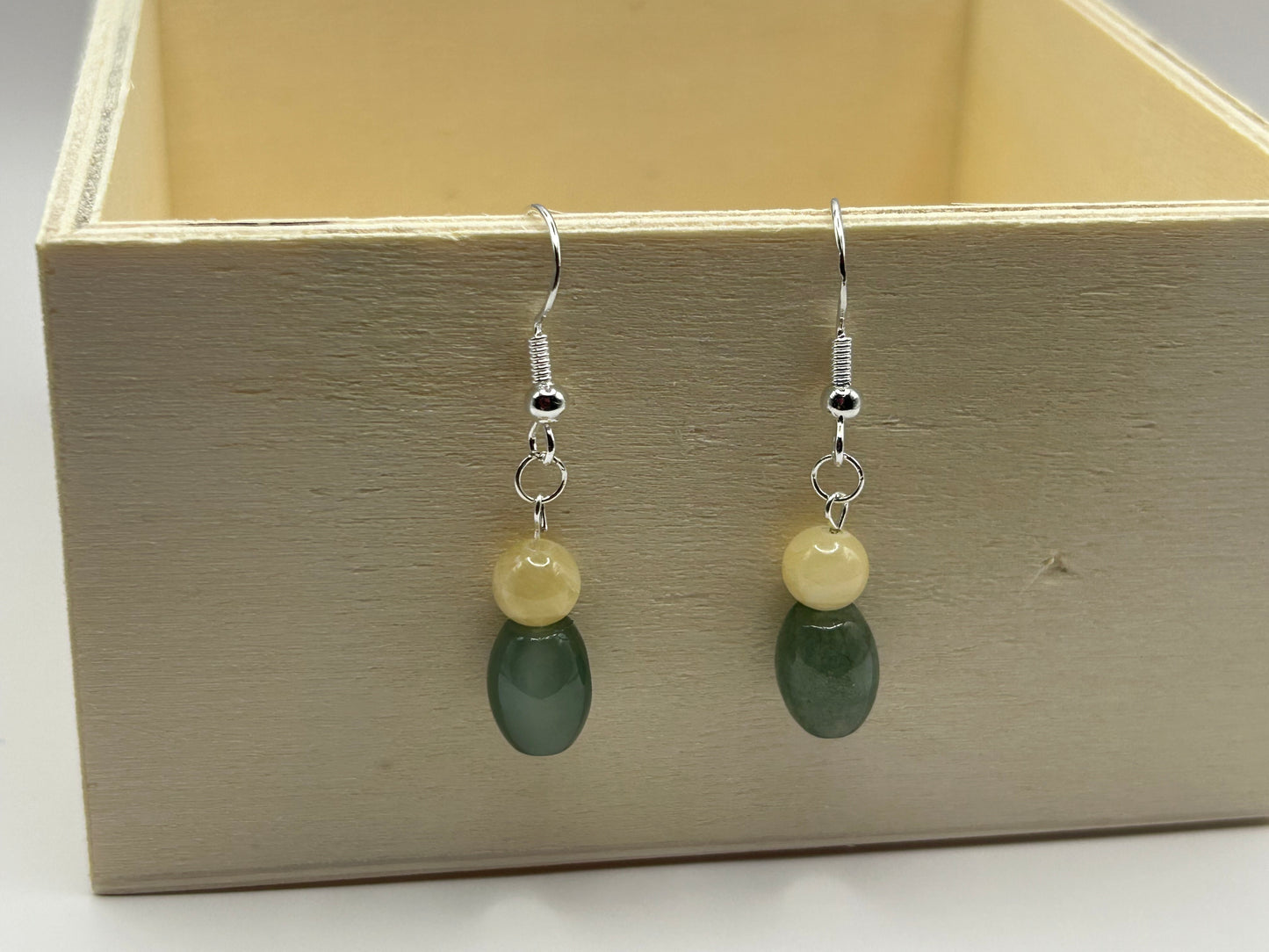 Natural Grade A  Yellow and Green Burmese Jadeite bead  925 silver earring