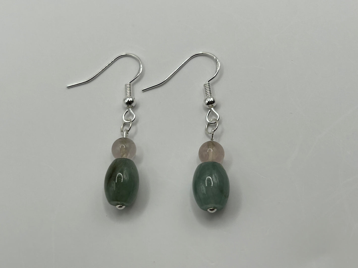 Natural Grade A  Rose Quartz and Green Burmese Jadeite bead  925 silver earring