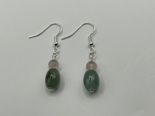 Natural Grade A  Rose Quartz and Green Burmese Jadeite bead  925 silver earring