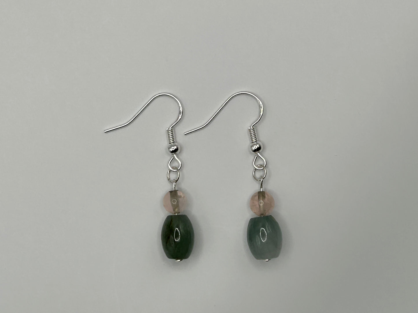 Natural Grade A  Rose Quartz and Green Burmese Jadeite bead  925 silver earring