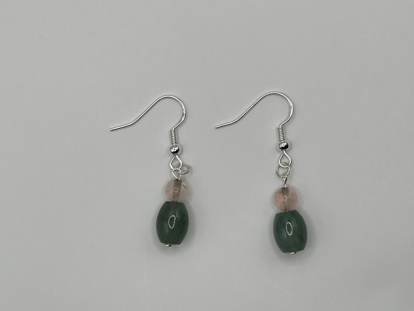 Natural Grade A  Rose Quartz and Green Burmese Jadeite bead  925 silver earring