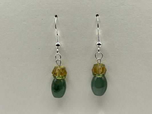 Natural Grade A  Yellow Crystal and Green Burmese Jadeite bead  925 silver earring