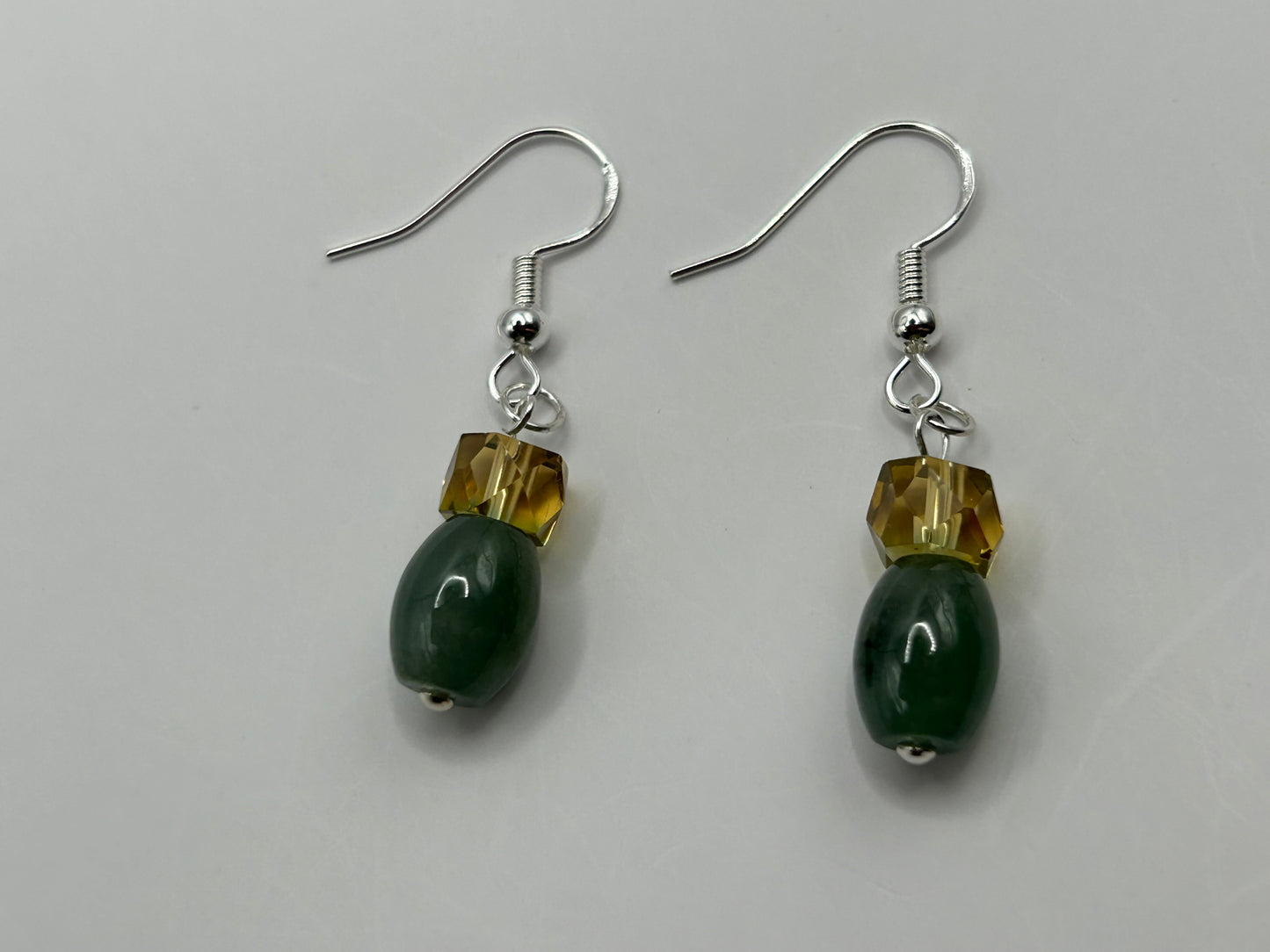 Natural Grade A  Yellow Crystal and Green Burmese Jadeite bead  925 silver earring