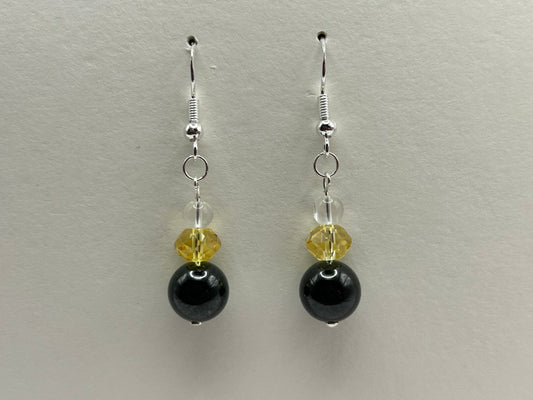 Natural Grade A  White,Yellow Crystal and Black Burmese Jadeite bead  925 silver earring