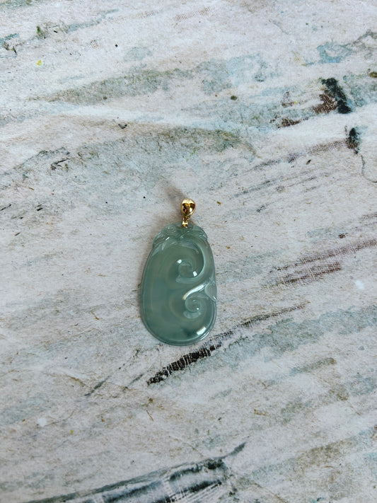 Natural Grade A Burmese Jadeite. 18K Yellow Gold Bail Light bluenish green Yuyi Pendant