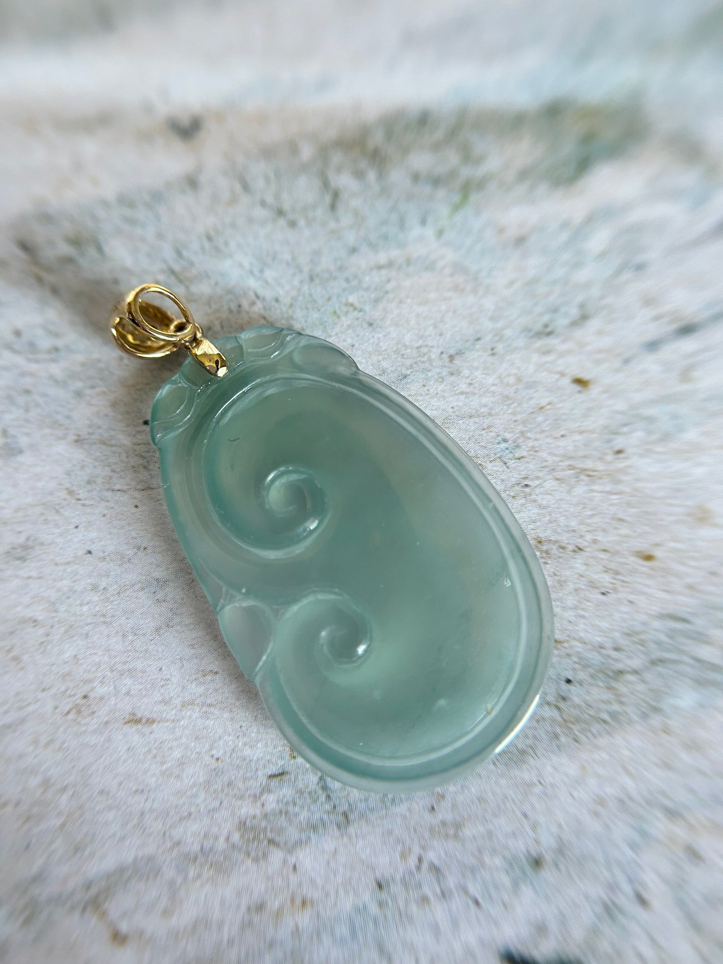 Natural Grade A Burmese Jadeite. 18K Yellow Gold Bail Light bluenish green Yuyi Pendant