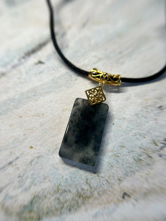 Grade A Natural Black Chicken Jadeite Retangle pendant gold over sterling silver necklace