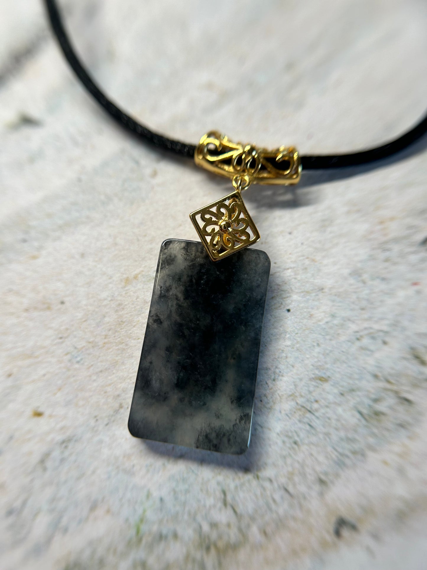 Grade A Natural Black Chicken Jadeite Retangle pendant gold over sterling silver necklace