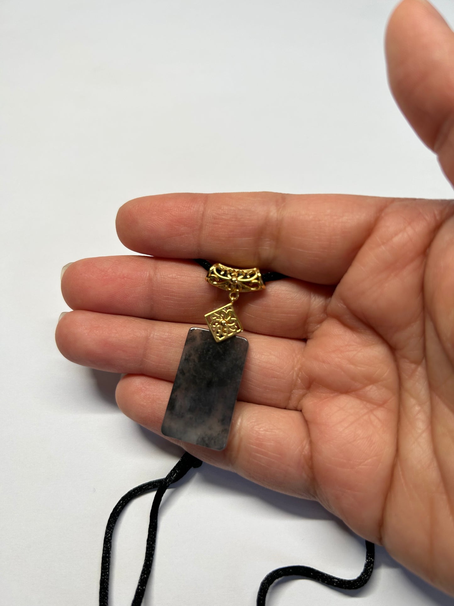 Grade A Natural Black Chicken Jadeite Retangle pendant gold over sterling silver necklace