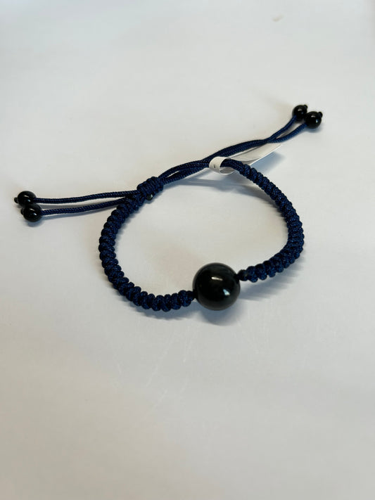 Grade A Natural Black Bead Burmese jadeite bracelet braided with Blue rope