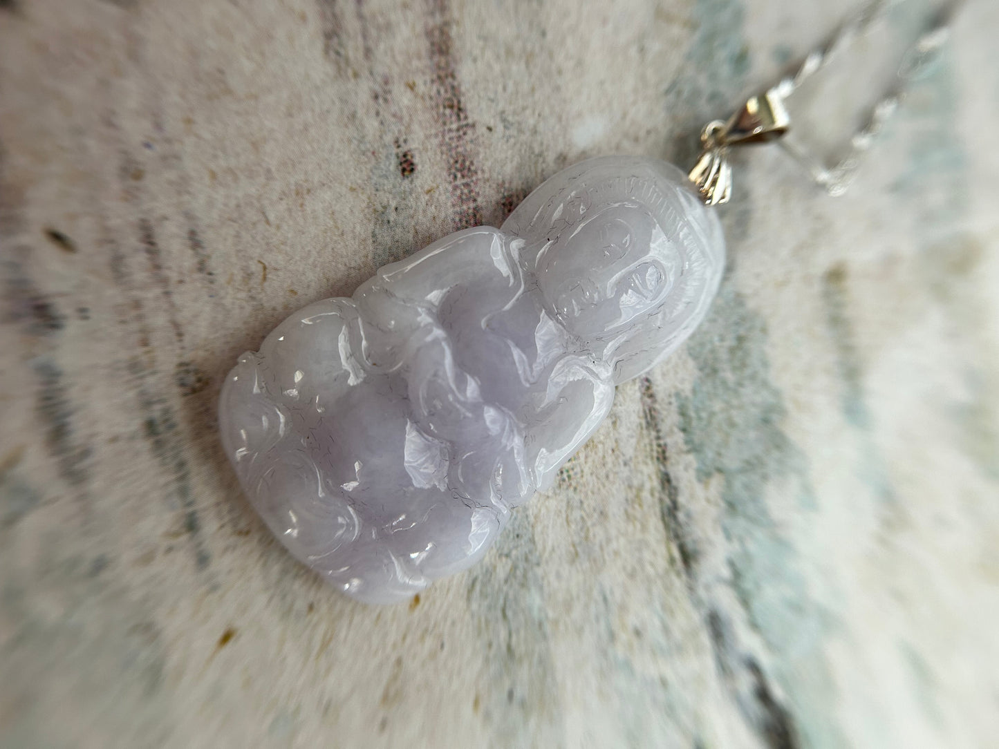 Grade A Natural Lavender Burma Jadeite Guanyin pendant with sterling silver bail