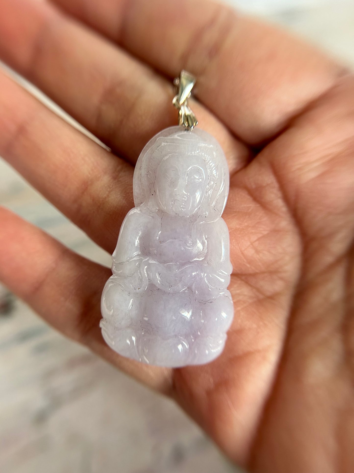 Grade A Natural Lavender Burma Jadeite Guanyin pendant with sterling silver bail