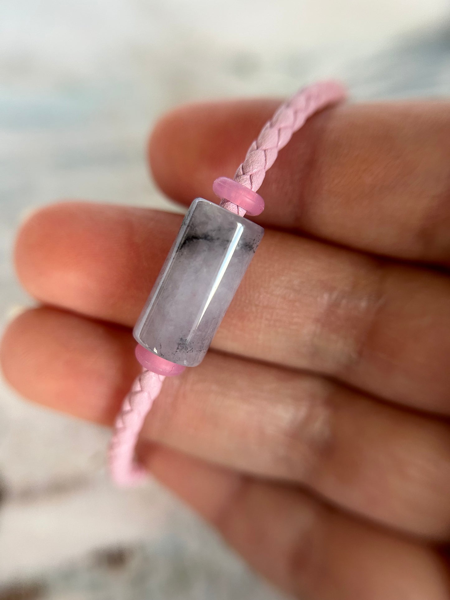 Grade A Natural Pink Burma Jadeite Lu Lu Tong (barrel) with Braided pink Nylon Bracelet