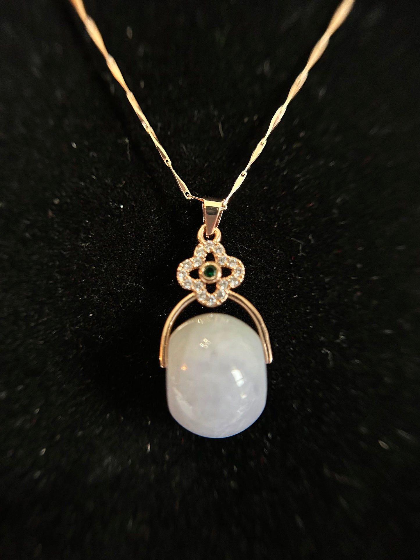 Grade A Natural light lavender luluton (barrel) Burmese jadeite with bow Rose Gold  plated sterling silver pendant