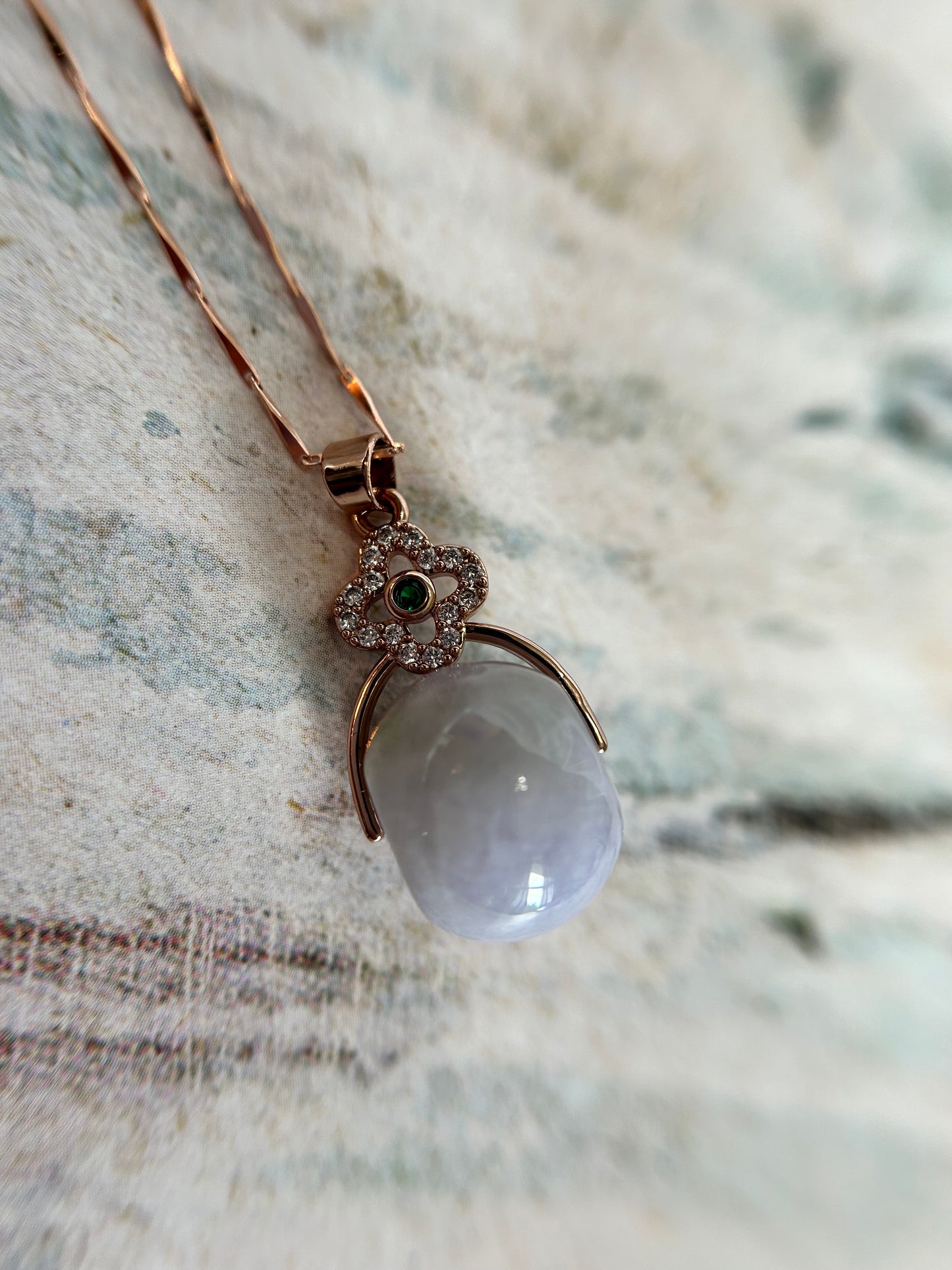 Grade A Natural light lavender luluton (barrel) Burmese jadeite with bow Rose Gold  plated sterling silver pendant