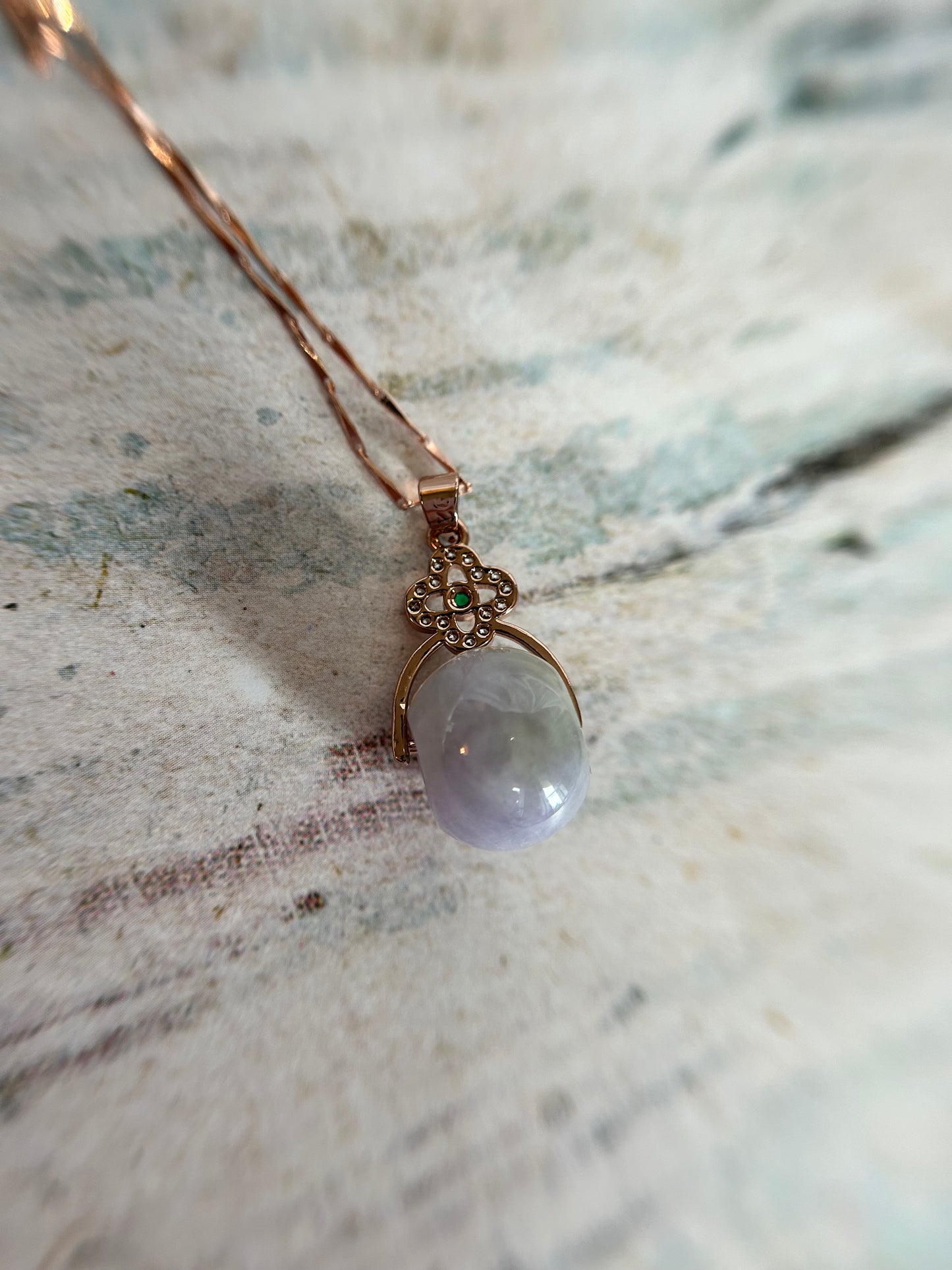 Grade A Natural light lavender luluton (barrel) Burmese jadeite with bow Rose Gold  plated sterling silver pendant