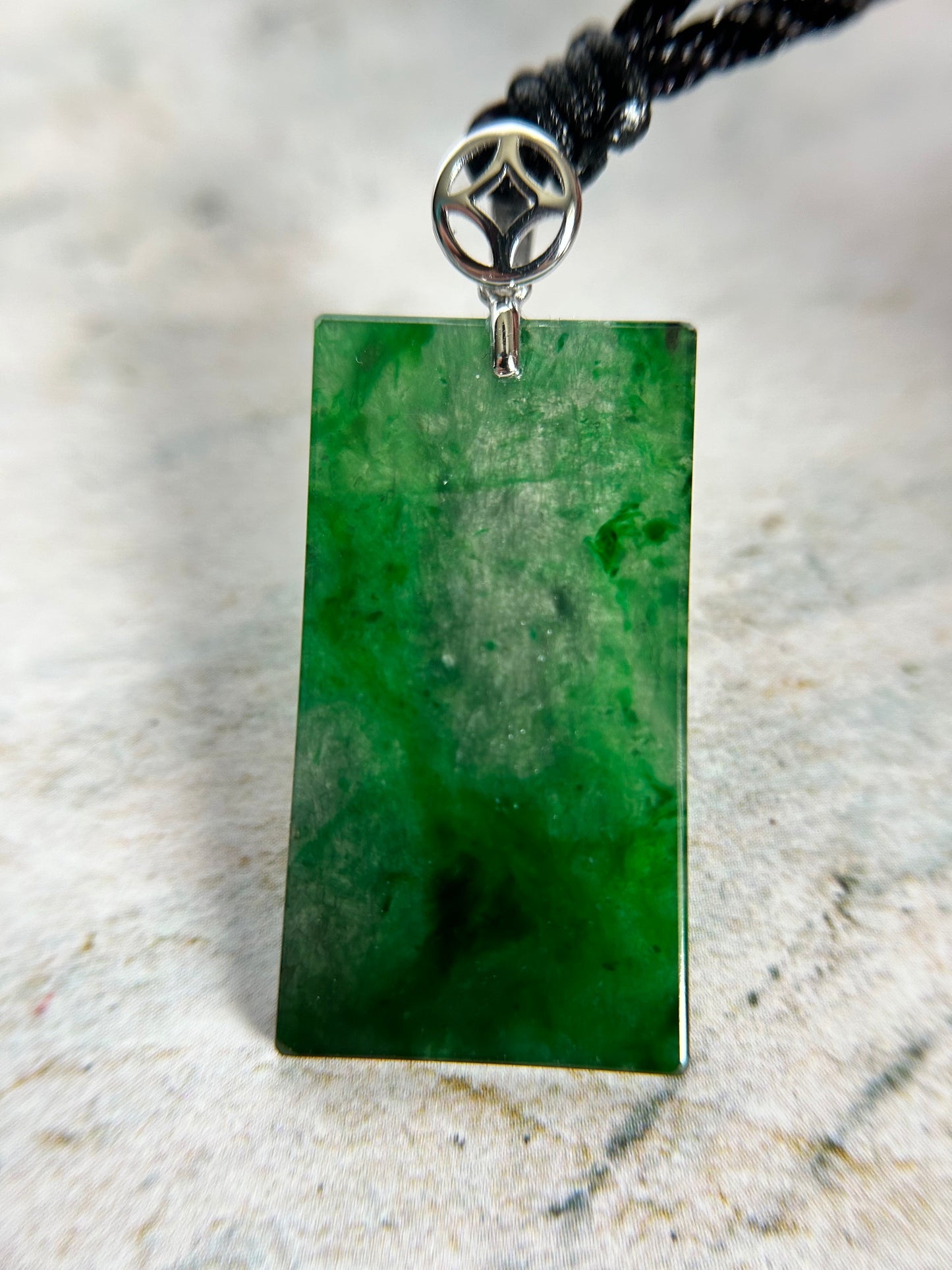 Grade A Natural Highly Icy Green Rectangle 18K white gold bails Pendant