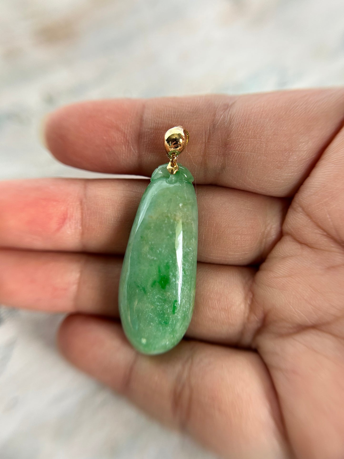 Grade A Natural Burma Icy Green Jadeite Fok Gurd pendant with 18K Yellow Gold bail Pendant