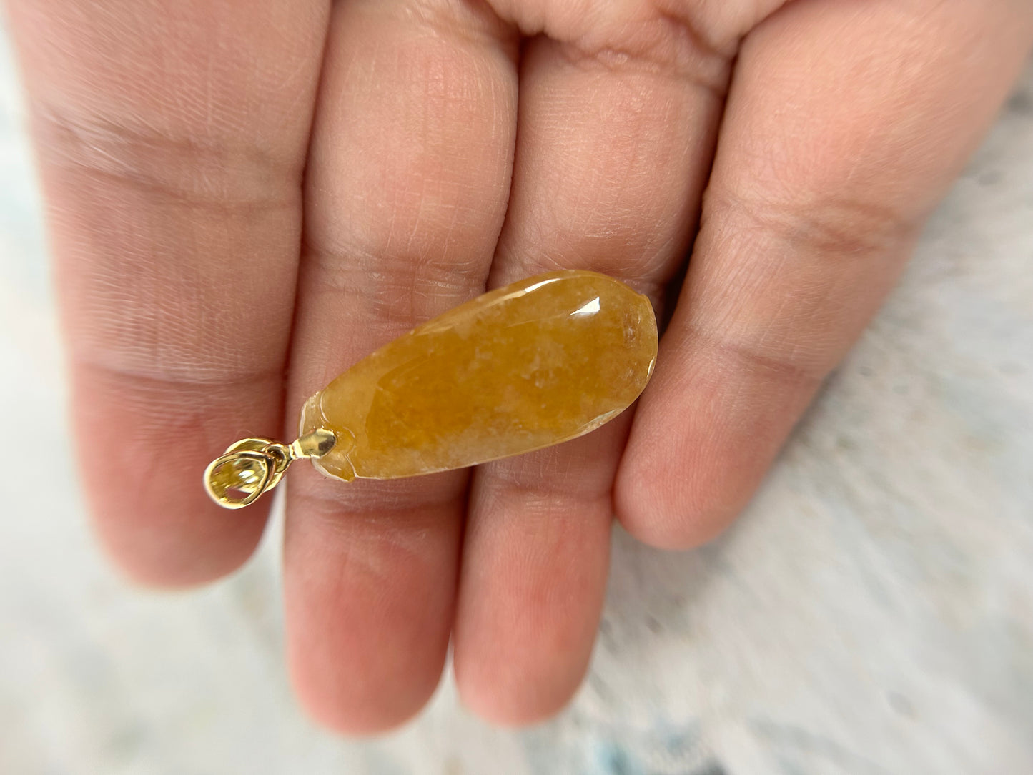 Grade A Natural Burma Icy Honey Yellow Jadeite Fok Gourd pendant with 18K Yellow Gold bail Pendant