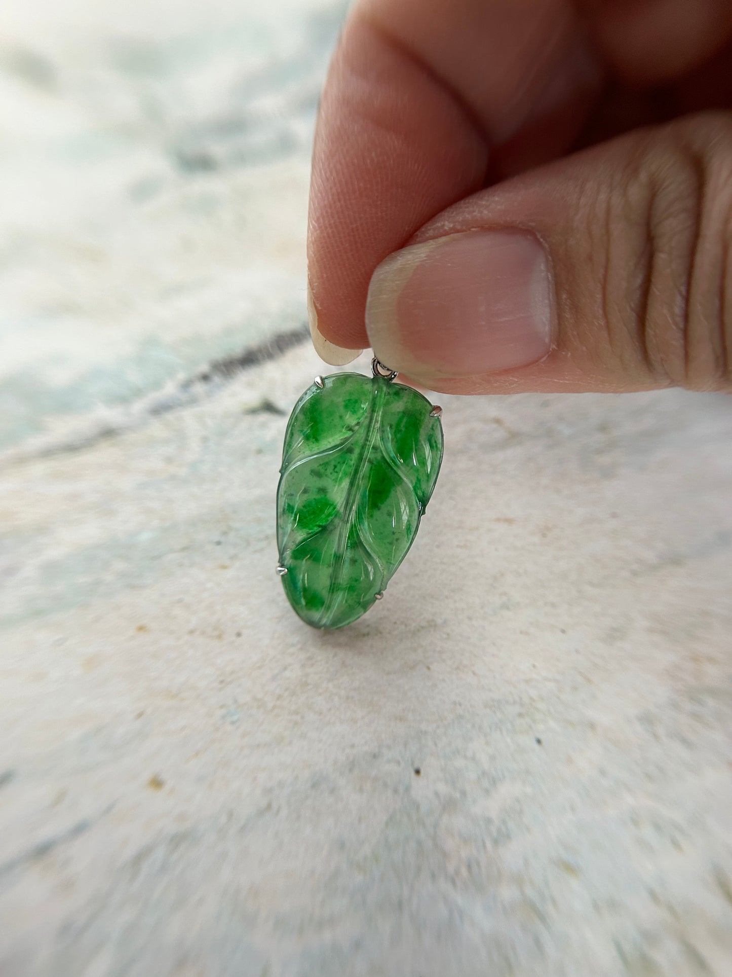 Natural Grade A Burmese Jadeite 18K white Gold Bail Glassy Bright Green Leaf Pendant