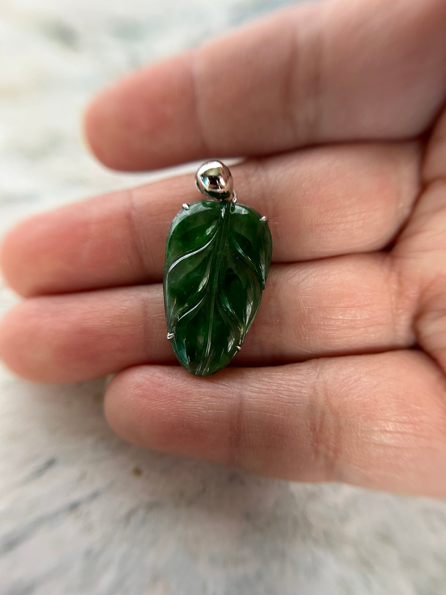 Natural Grade A Burmese Jadeite 18K white Gold Bail Glassy Bright Green Leaf Pendant