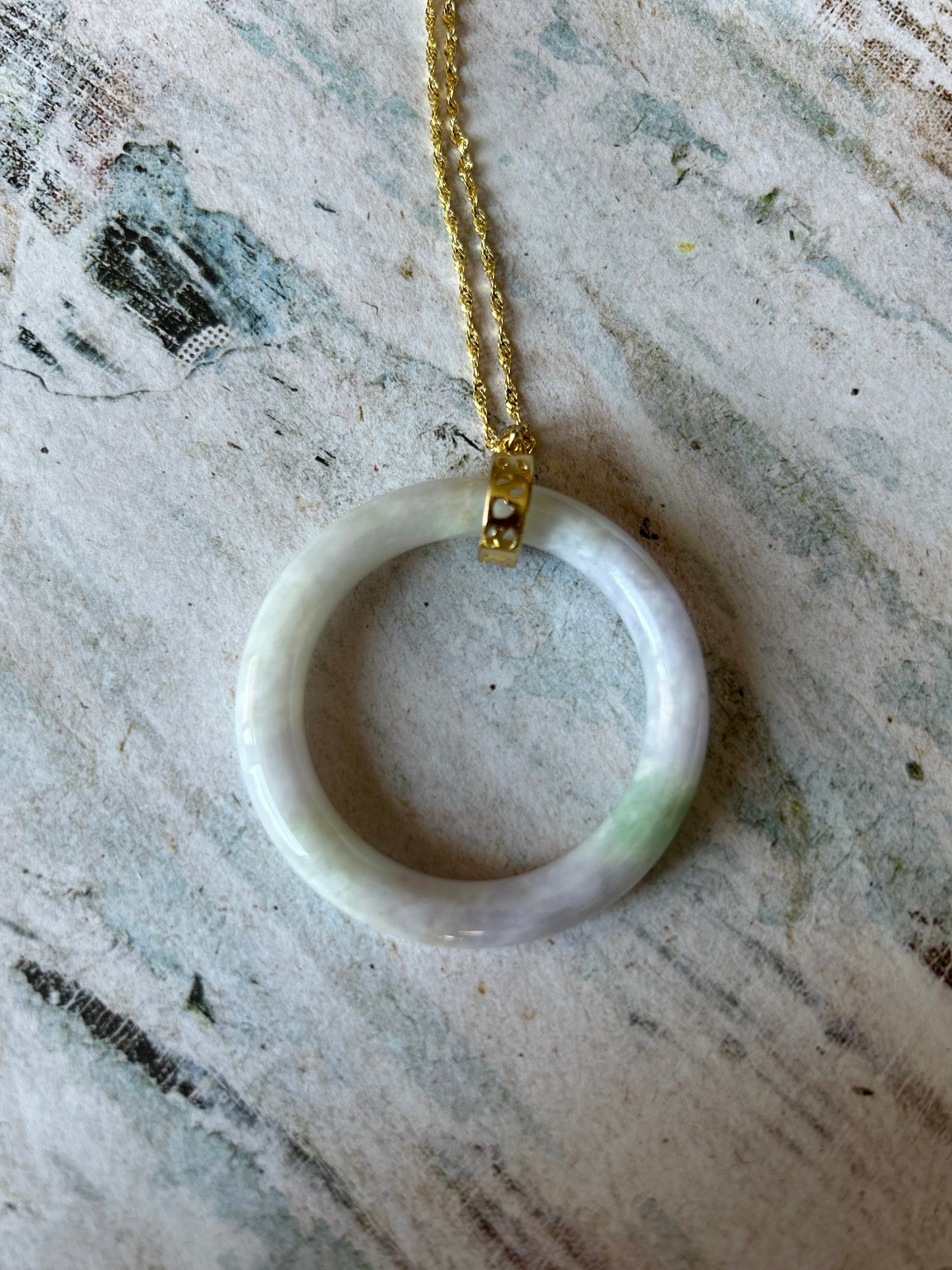 Grade A Natural Green Burma (Myanmar) Jadeite lavender with green circle gold over sterling silver necklace