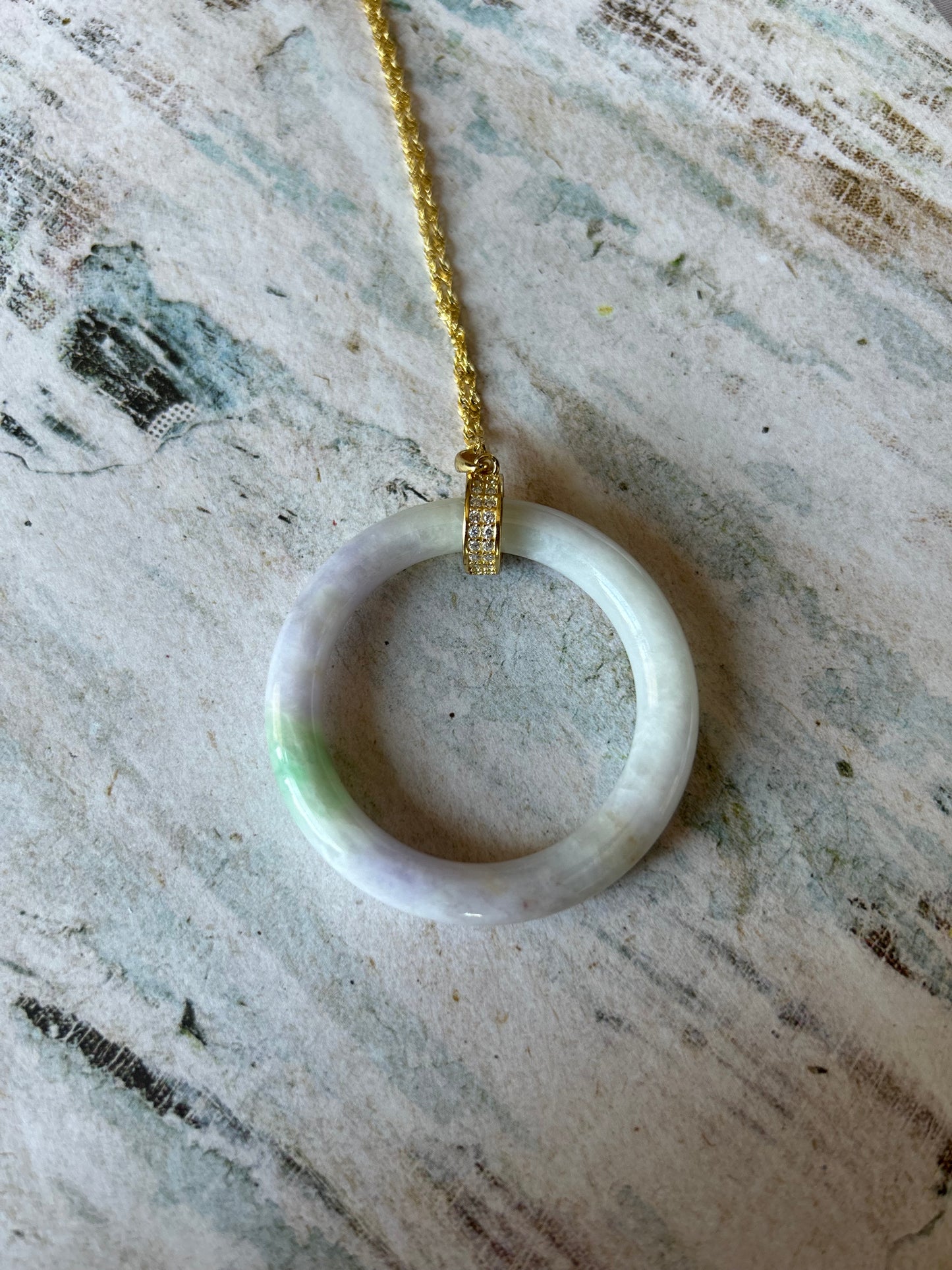 Grade A Natural Green Burma (Myanmar) Jadeite lavender with green circle gold over sterling silver necklace