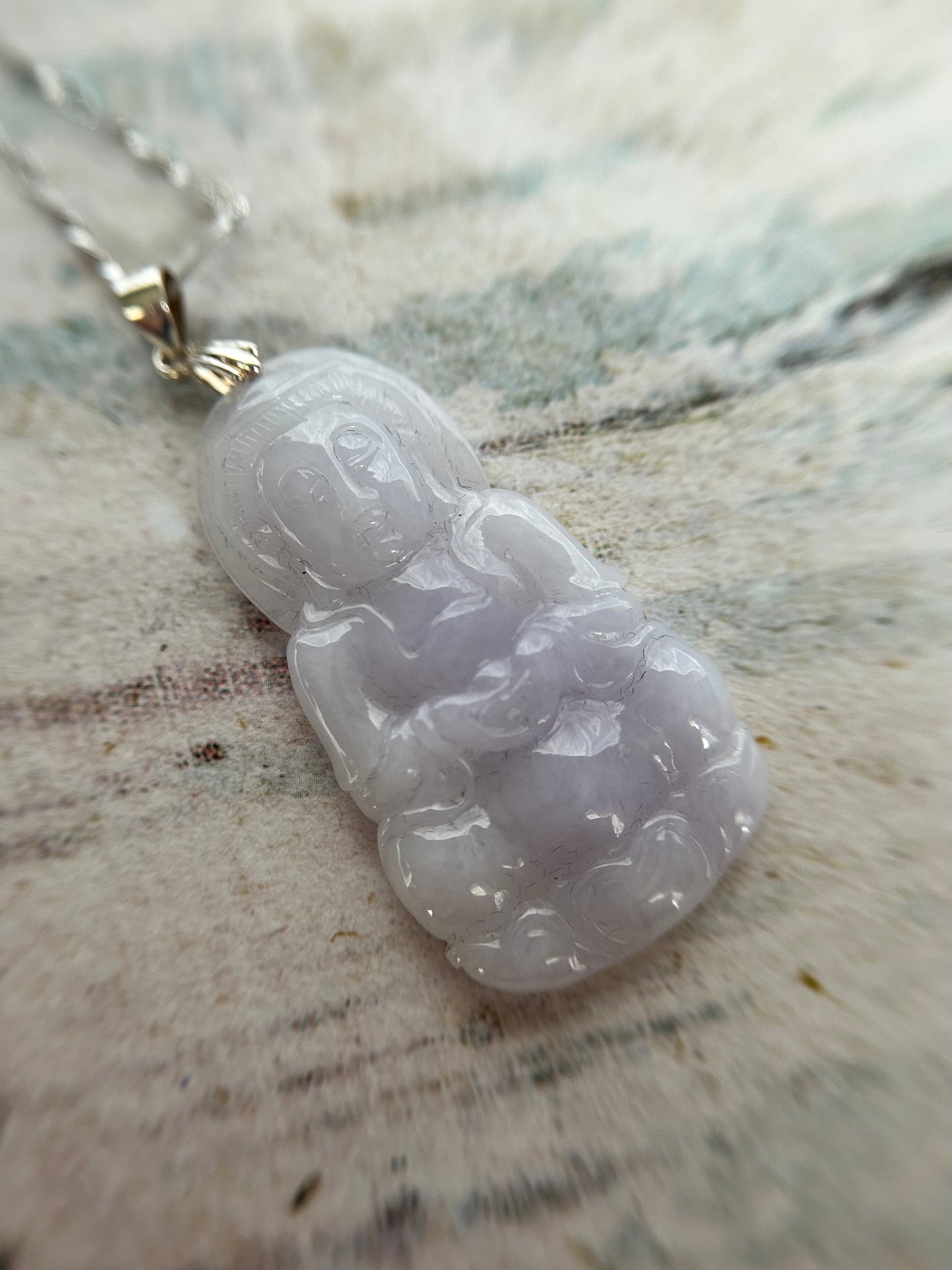 Grade A Natural Lavender Burma Jadeite Guanyin pendant with sterling silver bail