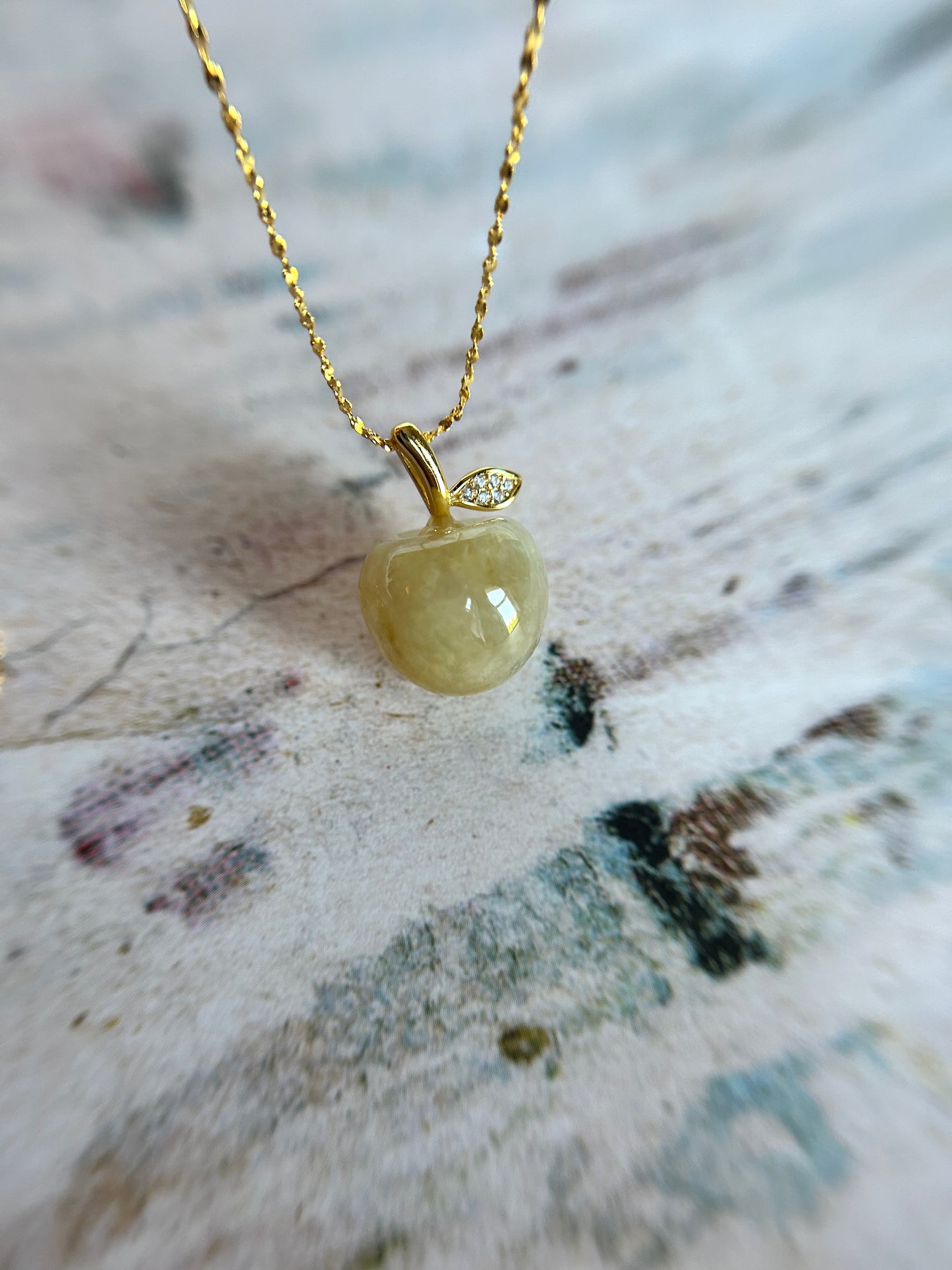 Natural Grade A Burmese Jadeite Gold over Sterling Silver Stem Icy Yellow Apple necklace