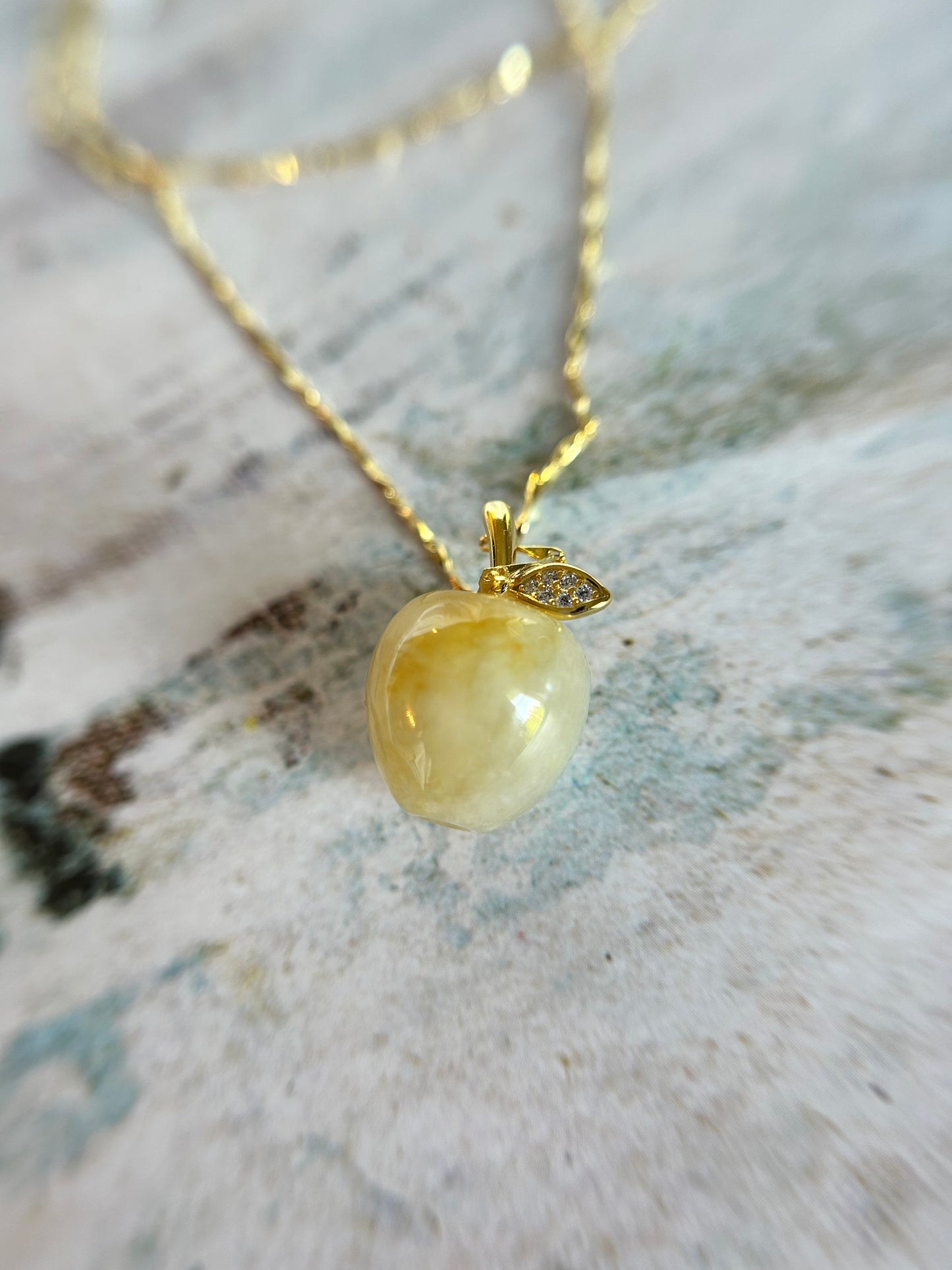 Natural Grade A Burme Jadeite Gold over Sterling Silver Stem Icy Yellow Apple necklace