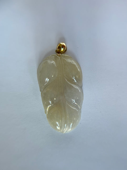 Natural Grade A Burmese Jadeite 18K Yellow Gold Bail Glassy Light yellow Leaf Pendant